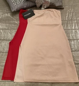 PRETTY LITTLE THING Split Side Dress Set x 2 UK 6 Red Nude Crepe Bandeau Bodycon - Picture 1 of 24
