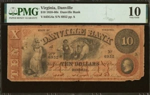 Danville Bank $10 Note - Sep. 9, 1858 - PMG Very Good 10 - Danville, VA - Picture 1 of 2