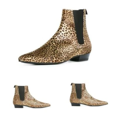 Hombres Botines Pull On Chelsea Cuero Ropa de club nocturno Punta puntiaguda Leopardo Zapatos informales Foto 1 de 4