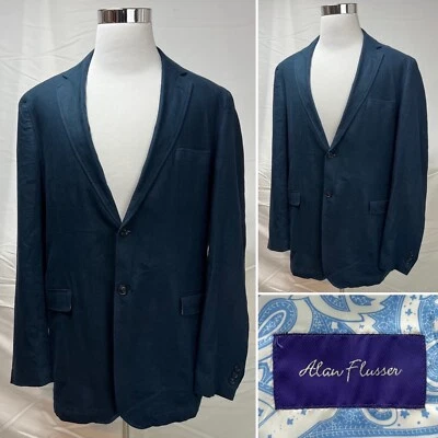 男式 Alan Flusser 海军蓝亚麻 2 按钮双通风 XL 开衫夹克运动外套 — 第 1/4 张图片