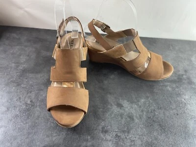 Sesto Meucci Kayla Women Shoes Brown Gold 7M Slingback Ankle Strap Wedge Sandals - Image 1 of 4