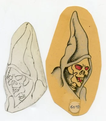 Vintage unbekannt Vintage Produx + Farbe Sensenmann Totenkopf Tattoo Flash Schablone 2,5x5 - Bild 1 von 2
