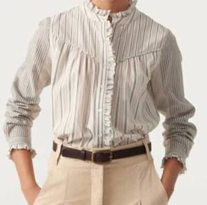 NWT ba&sh Luz Shirt Sz Large Striped Ruffle Button Up Ecru Cottage Peasant~$228 - Picture 1 of 18