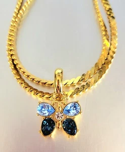 Vintage Blue Crystal Rhinestone Butterfly Necklace Wide 18"G.T. Serpentine Chain - Picture 1 of 24