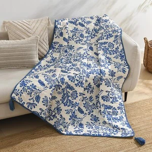 Ultra Soft PreWashed Quilted Throw Blanket Floral Printed Tassels Fringed Blue W - Picture 1 of 3