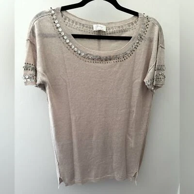 Cottagecore Wrap London Tan Linen Embellished Split Back Knit Sweater T-Shirt 6 - Image 1 of 4