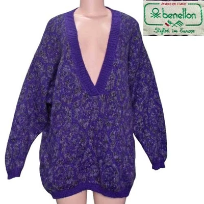 1980s Vintage Benetton Sweater Purple Mohair Blend Oversized V Neck Pullover XL - Image 1 of 4