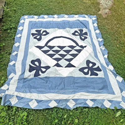 VTG Amish Basket Block and Ribbon Blue & White Patchwork Quilt Topper 76" x 96” - Image 1 of 4