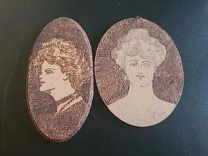 TWO! Antique 1910 Pyrography GIBSON GIRL FLEMISH ART Nouveau Wooden Oval Wall - Picture 1 of 12