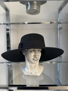 Vintage Black Large Brim Straw Hat By Cassidy - Picture 1 of 7