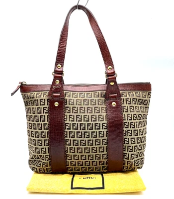 正品 FENDI Zucchino 印花棕色帆布皮革托特包手提包带防尘袋 NS12002 — 第 1/4 张图片