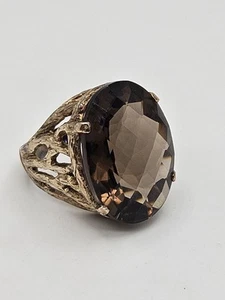 Vintage Sterling Silver Vermeil OT TURKEY 925 Smoky Quartz Chunky Ring Size 6 - Picture 1 of 10
