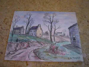 Vtg Antique Early 20th Cent. E A Trego Charcoal Drawing of Road & Houses - Picture 1 of 9