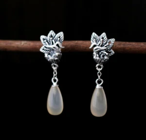 T08 Orecchini Pfau Fenice Con Calcedonio Bianco Gocce 925 Argento Sterling - Foto 1 di 3
