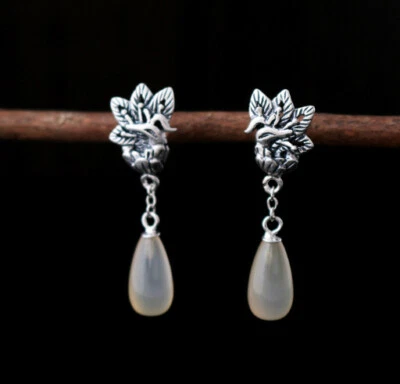 T08 Orecchini Pfau Fenice Con Calcedonio Bianco Gocce 925 Argento Sterling - Immagine 1 di 3