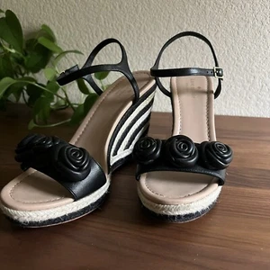 Kate Spade New York Jill Rosette Black Cream Espadrille Platform Wedge Sandals - Picture 1 of 15