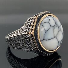 Silver Round White Turquoise Ring , 925k Silver Engraved Round Men Ring