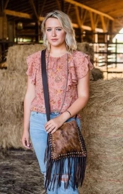 Bolso Mensajero Vaquera American West con Flecos Cuero Genuino Cuero de Vaca Foto 1 de 4