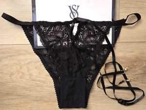 NWT Vintage Victoria's Secret Black Lace Keyhole Tassel String Bikini Panties S - Picture 1 of 3