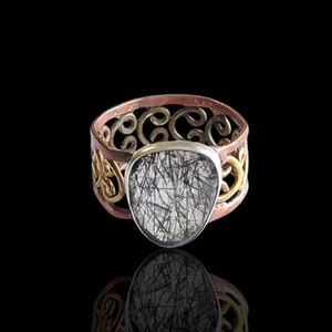 Taglia 9,5 metallo misto ottone rame argento sterling ago nero quarzo rutilato - Foto 1 di 5