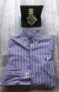 Ralph Lauren Red White Blue Stripe LONG SLEEVE SHIRT M 15.5 Classic Fit - Picture 1 of 5