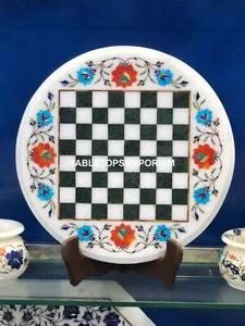 12" Round Marble Chess Play Table Top Turquoise Hakik Floral Inlay Decor E125 - Picture 1 of 4