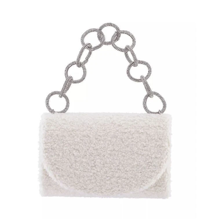 NINA DJourn faux-shearling flap crystal handle women's clutch purse - WHITE