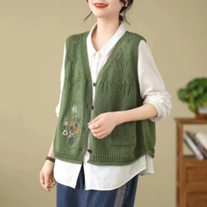 Lady Knit Cardigan V-neck Vest Tank Top Sleeveless Sweater Ethnic Waistcoat - Picture 1 of 14