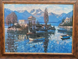 Montreux Lake Geneva Seascape Swiss Howard Behrens Oleography Framed Painting - Picture 1 of 10