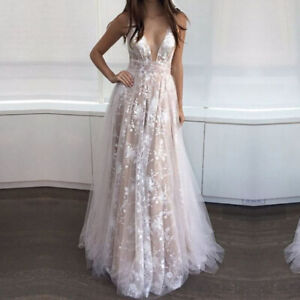 Glitter Lace Wedding Dresses V-Neck Backless Tulle Applique A-Line Bridal Gowns