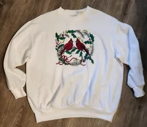 Vintage Ugly Christmas Sweatshirt Cardinals Red Bird White Sweatshirt Size Large - Picture 1 of 5