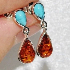 Sterling Silver Amber & Turquoise Ladies Dropper Earrings - Picture 1 of 7