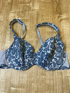 Lane Bryant Cacique 44C Push Up Lined T-Shirt Bra Blue Gray Floral Design EUC - Picture 1 of 4