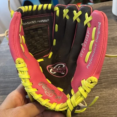 Guante de béisbol Rawlings WPL95DSP USADO 9,5 pulgadas lanzamiento a la derecha negro rosa Foto 1 de 4