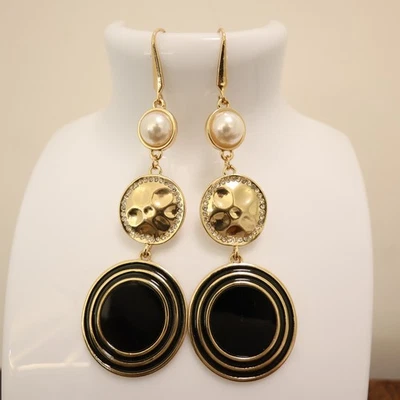 Catherine Malandrino earrings circles black enamel white faux pearls crystals - Image 1 of 4