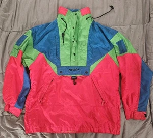 VINTAGE 80S NEON NEVICA SURVIVAL SHELL WHISTLE HOOD COAT SKI SNOWBOARD JACKET 38 - Picture 1 of 5