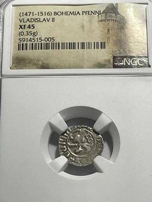 Vladislav II 1471 - 1516 AD. Bohemia Silver Pfennig NGC XF45 Foto 1 de 4