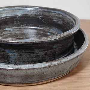Studio Art Pottery Blue & Black Abstract Glaze Ceramic Baking Dish Set of 2 Sign - Picture 1 of 15