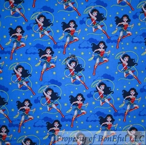 BonEful Fabric FQ Cotton Quilt Blue Red White Wonder Woman Super Hero Girl Print - Picture 1 of 15