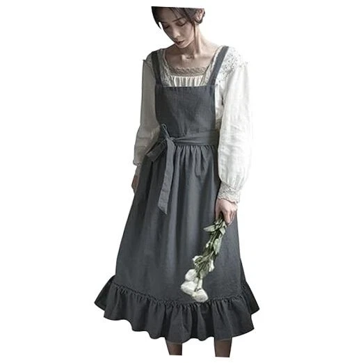 Vestido delantal vintage de algodón y lino para mujer con talla única gris oscuro Foto 1 de 4
