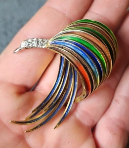 Signierte Krone Trifari Emaille Paradiesvogel Strass Anstecknadel Brosche Pfau Vintage - Bild 1 von 13