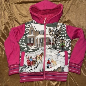 Vintage Zanaharia Pink Winter Scene Kids zip up Hoodie, embroidered, plush, Sz 8 - Picture 1 of 13