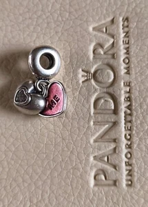 Genuine Pandora You and Me Heart Dangle Charm with Pink Enamel - 791244CZ - Picture 1 of 2