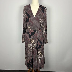 Portmans Size 8 Wrap Style Midi Pleat Burgundy Paisley Dress Bell Sleeve - Picture 1 of 8