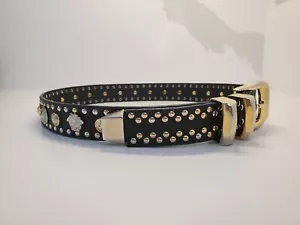 Gianni Versace Leather Belt Studs Medusa Gold Size 70/28 Black 90's Vintage - Picture 1 of 19