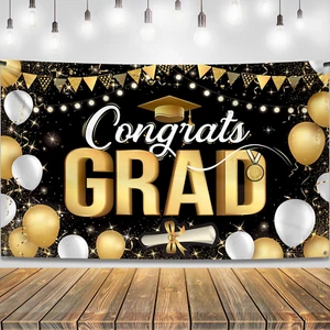 , Black and Gold Congrats Grad Banner - Xtralarge, 72X44 Inch | Graduation Backd - Picture 1 of 12