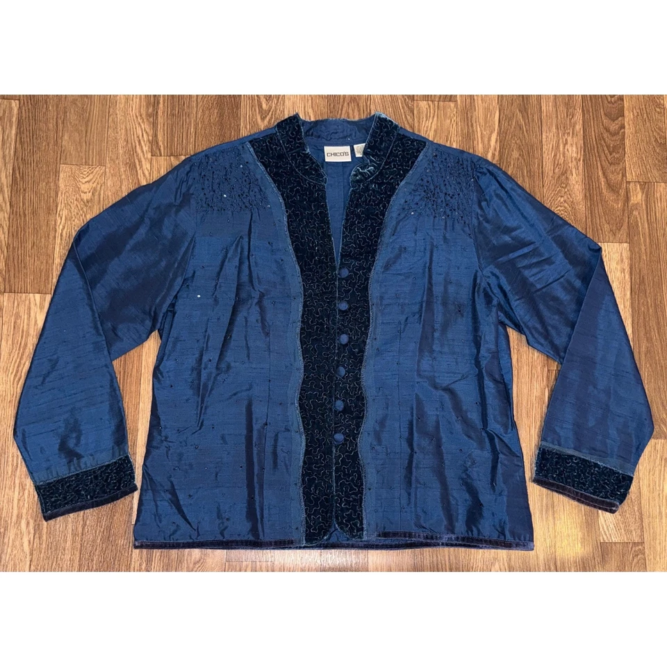 Chicos Silk Velvet Beaded Blue Button Front Blazer Jacket Women Size 2 - Image 1 of 4