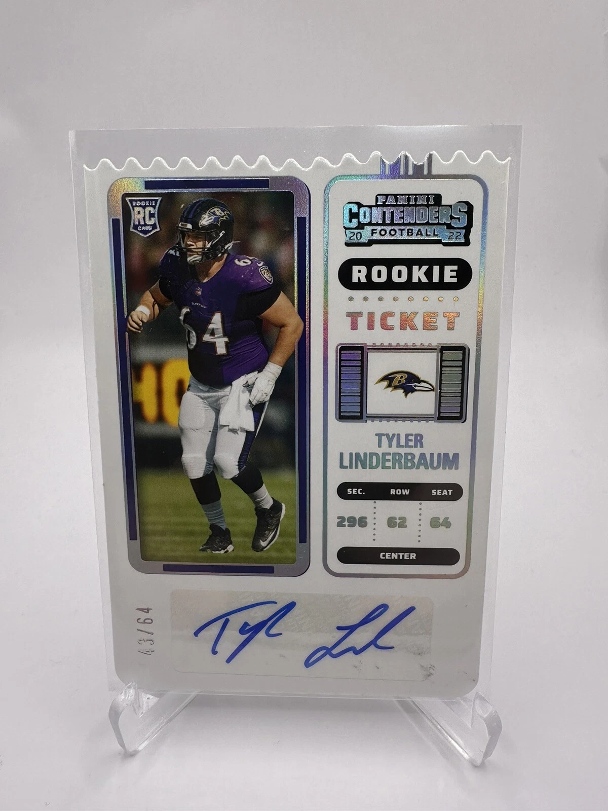 2022 Panini Contenders Football Tyler Linderbaum Rookie Auto /64 Ravens #155 SS