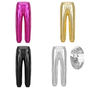 Girls Dancewear Glossy Hip Hop Baggy Trousers High Waist Metallic Athletic Pants - Picture 1 of 67