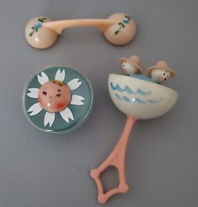 Lot of 3 Vintage Celluloid Plastic Baby Rattles  Blue Pink